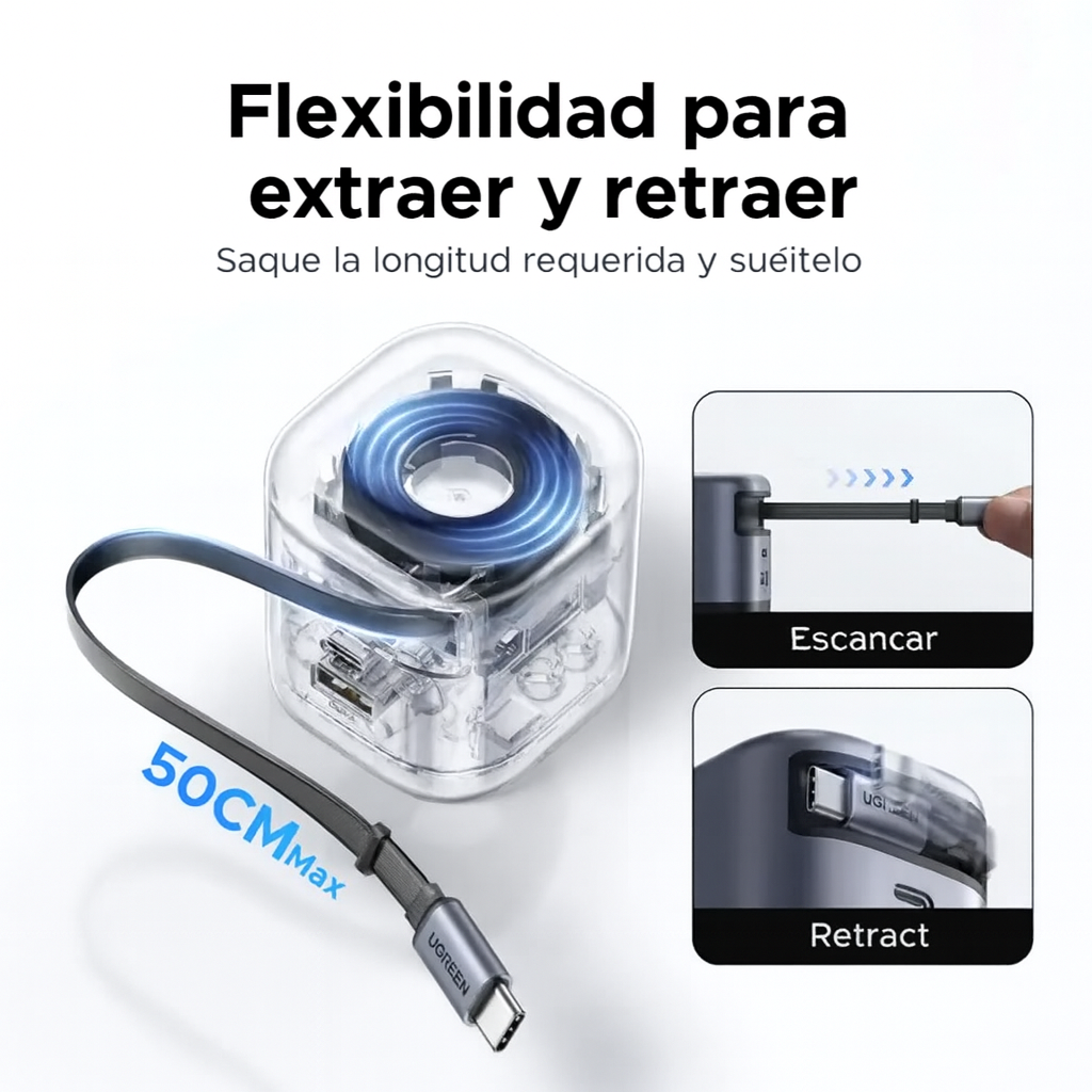 Cargador Retráctil ⚡️🔌  45W – Potencia Compacta para Todos tus Dispositivos 🌍📱